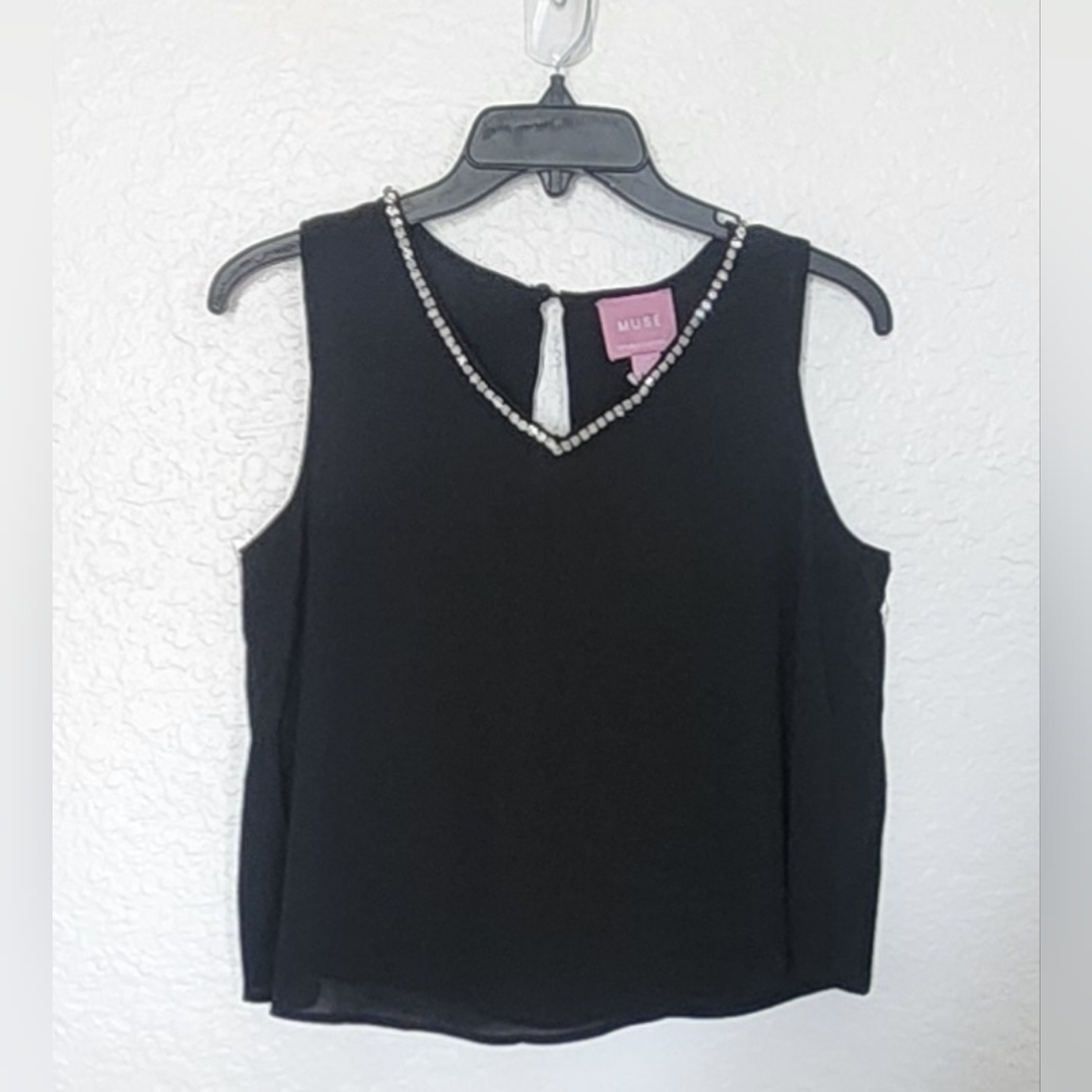 MUSE Republic Clothing Women's NWT Black Top w/ Glass Beaded Neckline.  Size S